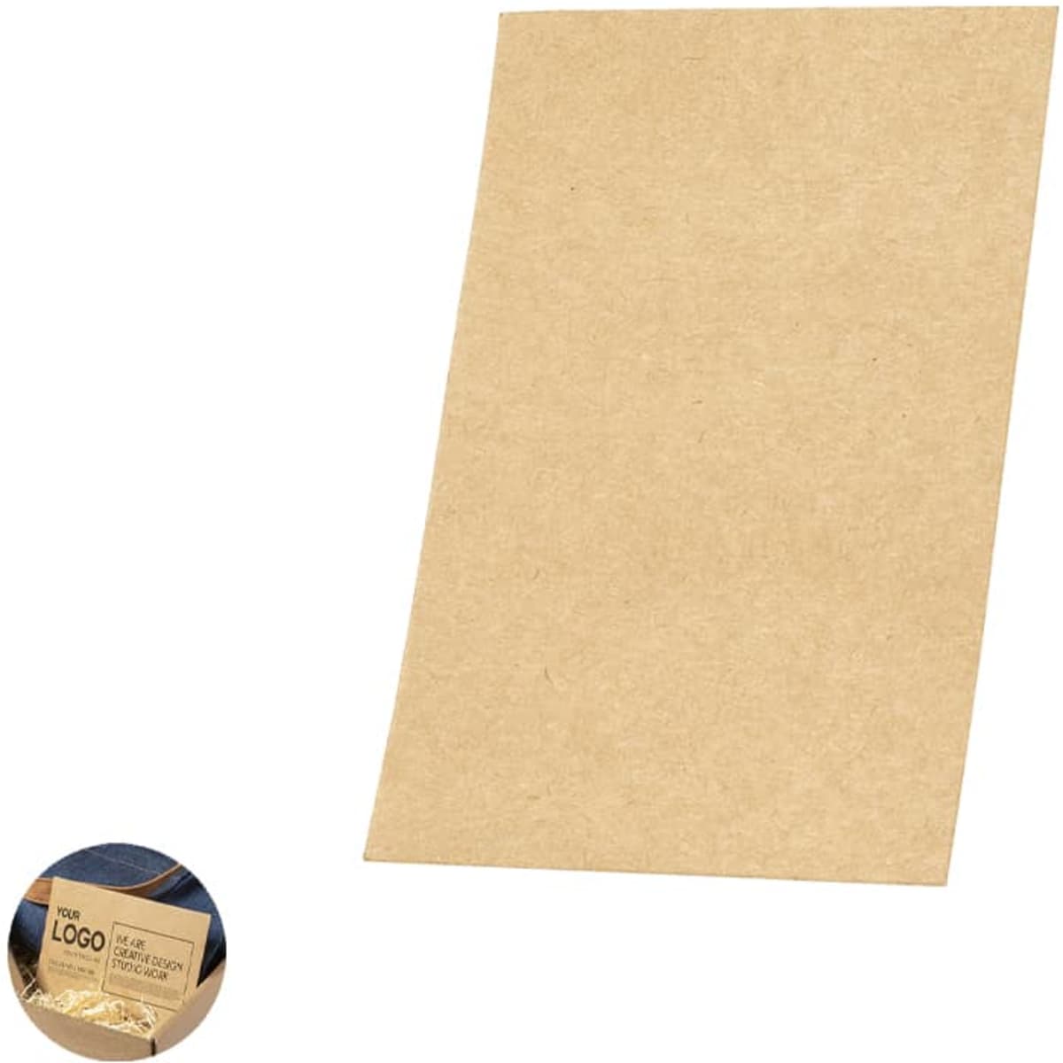 A stack of brown kraft business cards with a logo on the lower left corner.