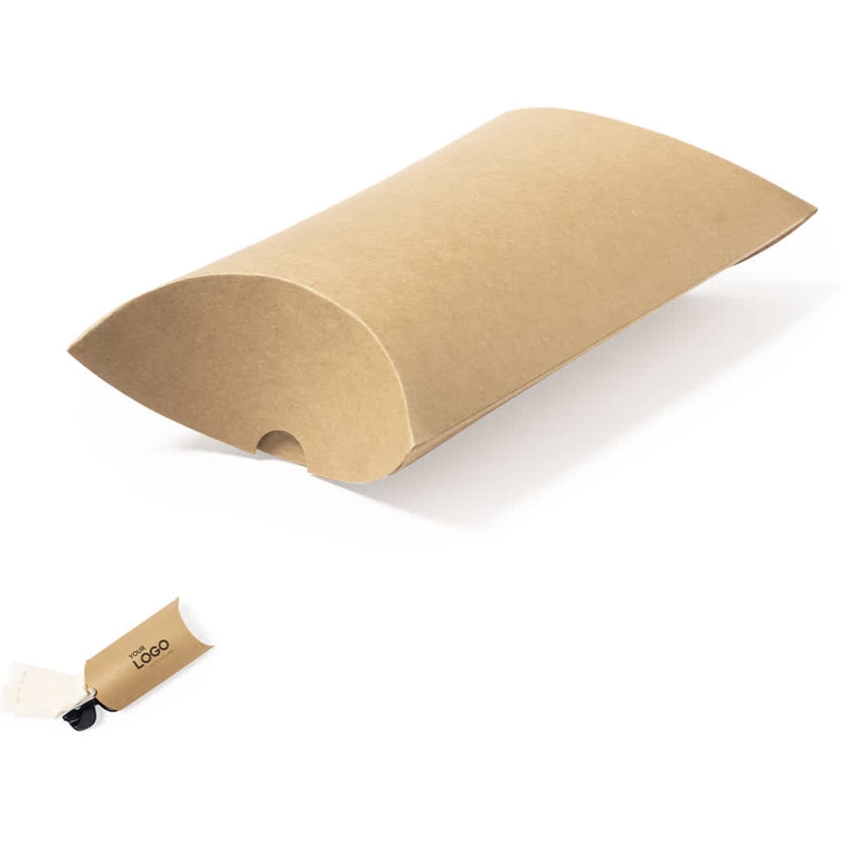 A kraft pillow box in a light brown shade, featuring a logo on a tag. Ideal for packaging gifts.