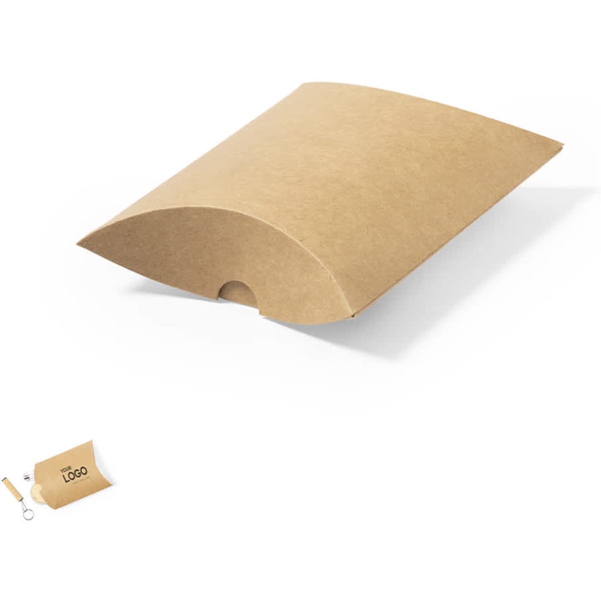 A brown kraft packaging pouch with a curved top and a slot. Includes a keychain in the corner.