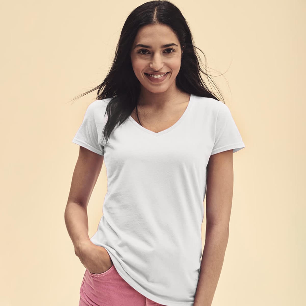 A light blue v-neck t-shirt displayed on a model, featuring a soft fabric and a casual fit.