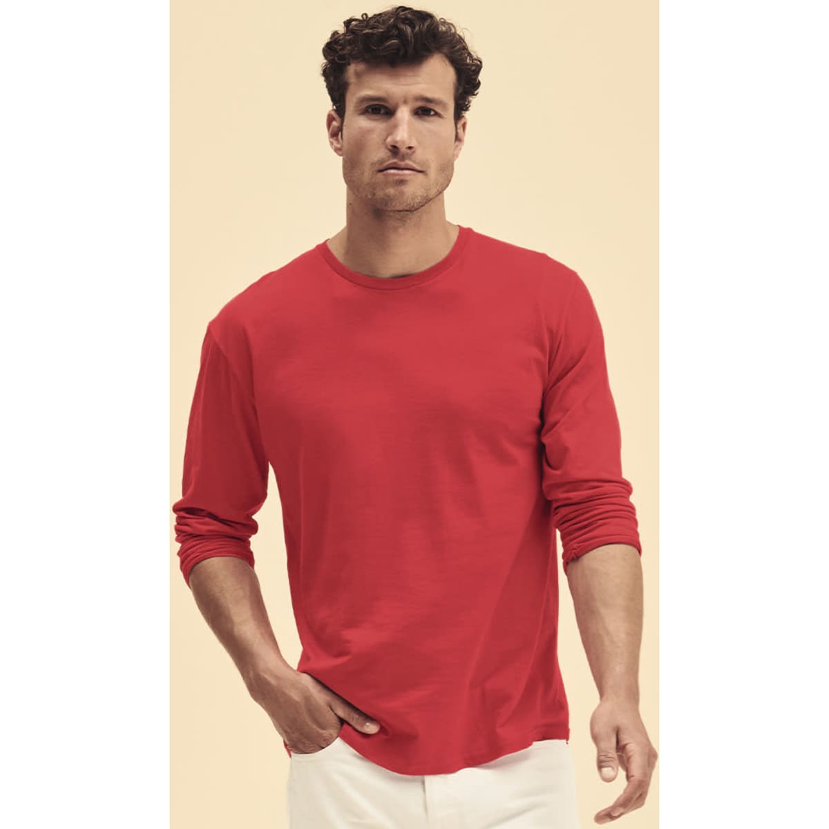 A long sleeve T-shirt in red, featuring a casual fit and a logo on the chest.
