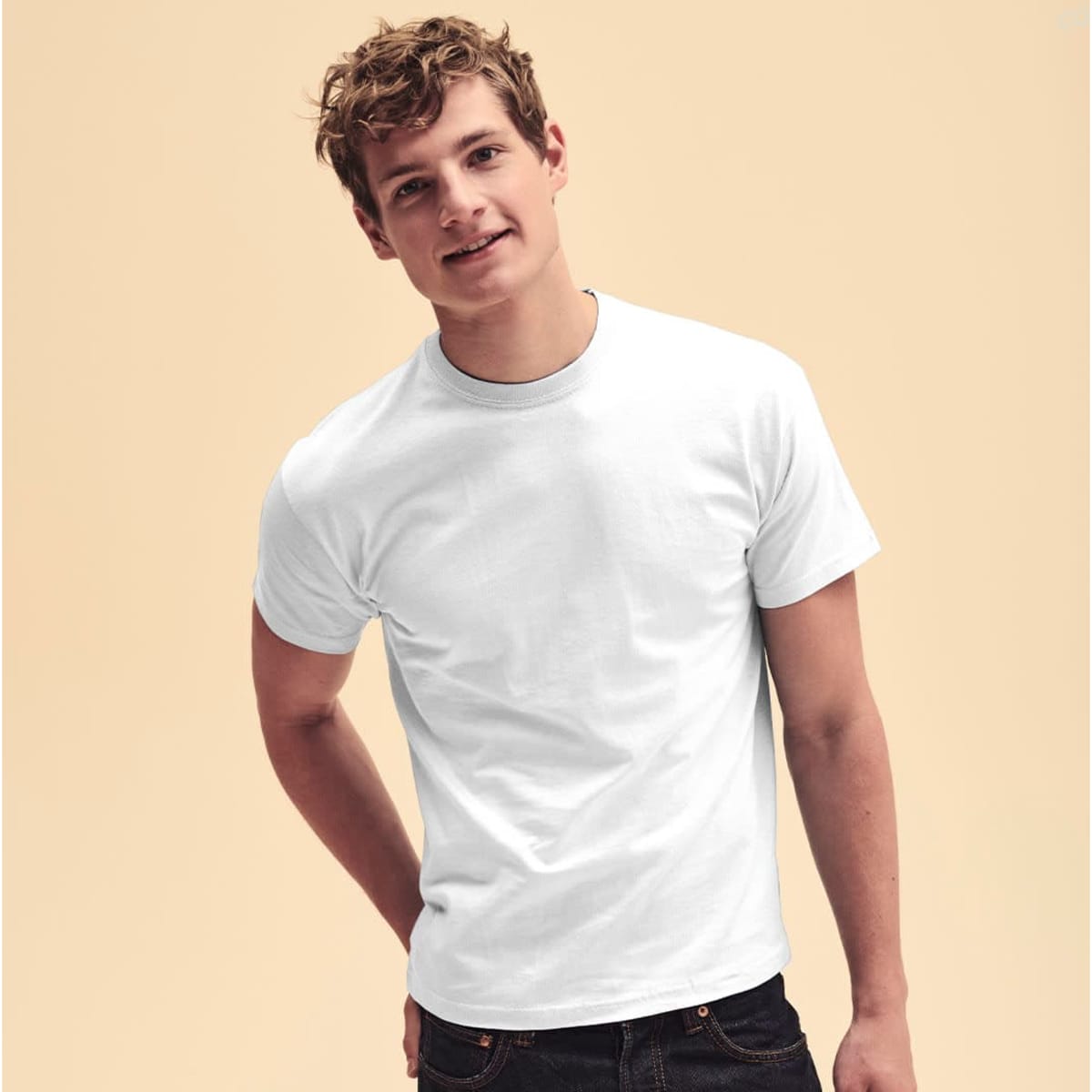 A white T-shirt displayed on a model, featuring a crew neck and short sleeves. The model has light hair and is smiling.