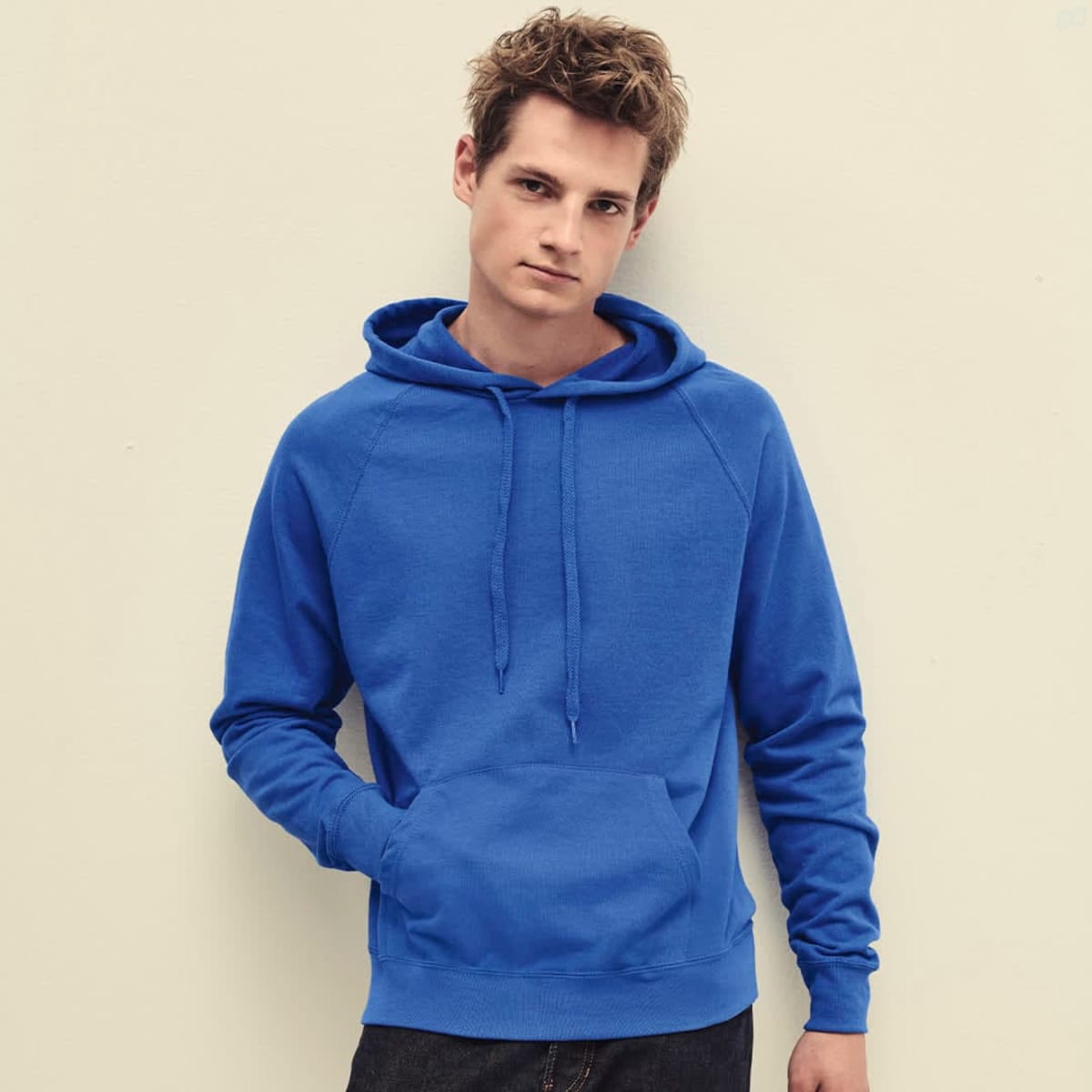 A blue lightweight hooded sweatshirt with a kangaroo pocket, featuring a logo.