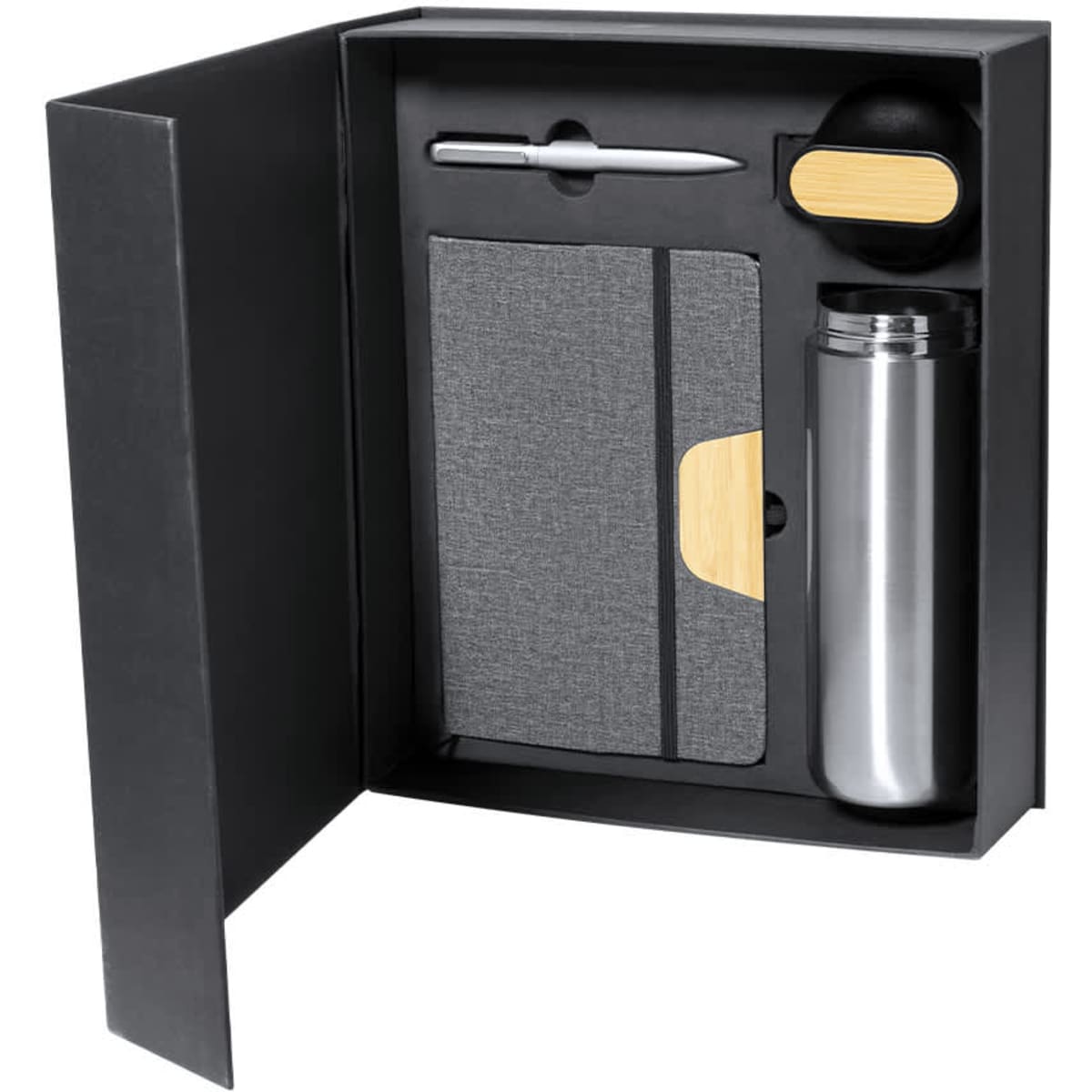 A gift set featuring a grey notebook, silver drink bottle, silver pen, and a black item with a wooden accent, all in a black box.