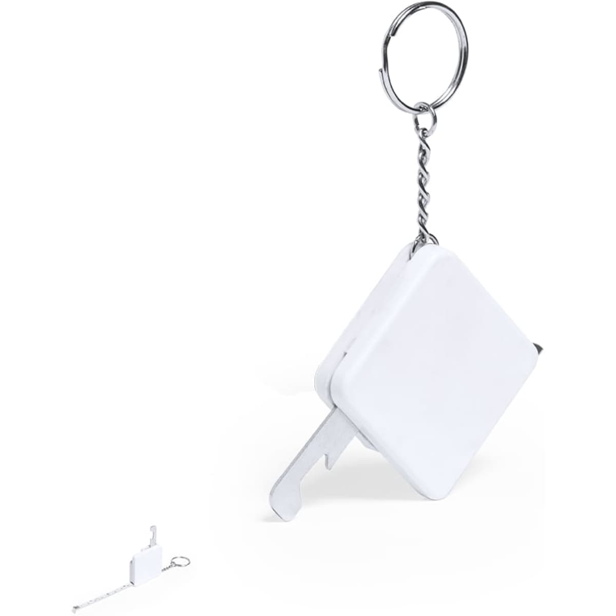 A white tape measure keyring with a silver chain and keyring attachment.