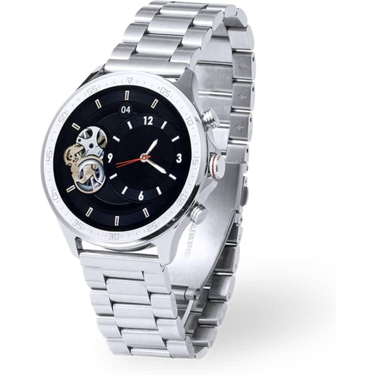 A silver wristwatch with a black dial, featuring visible gears and a metal bracelet. It includes a logo on the dial.