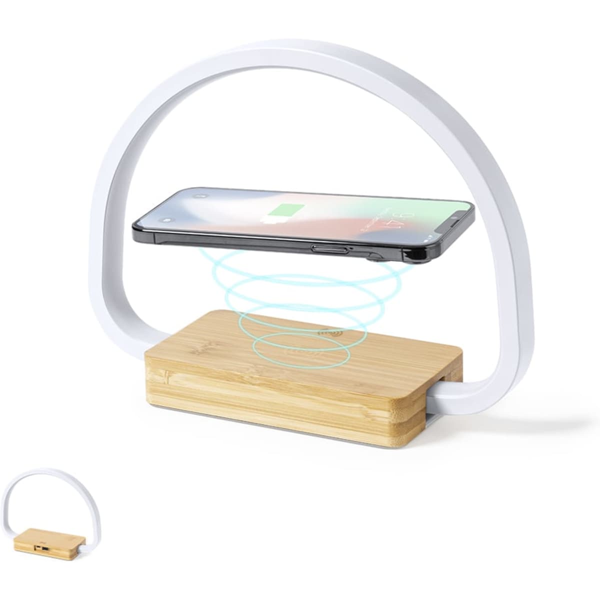 A wireless charger with a bamboo base and a white arch design, featuring a smartphone levitating above it.