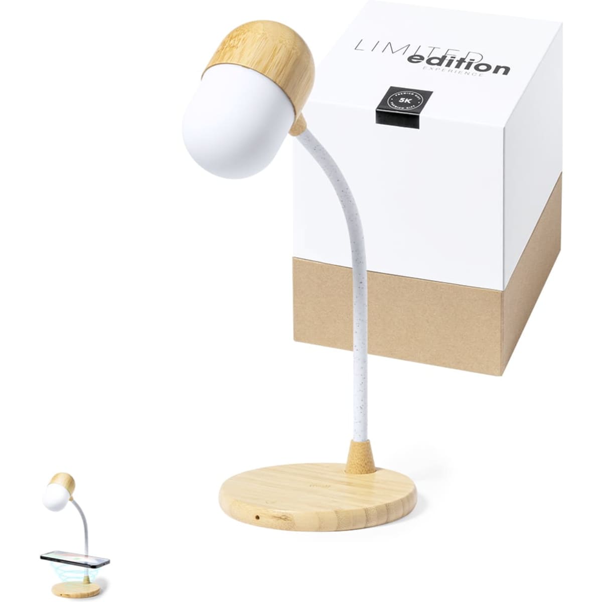 A desk lamp with a wooden base and light bulb, featuring a flexible neck and packaged in a plain box.