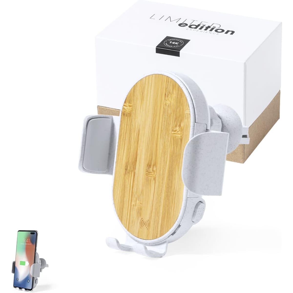 A wireless charger with a bamboo pad and white accents, alongside a boxed packaging, featuring a logo.