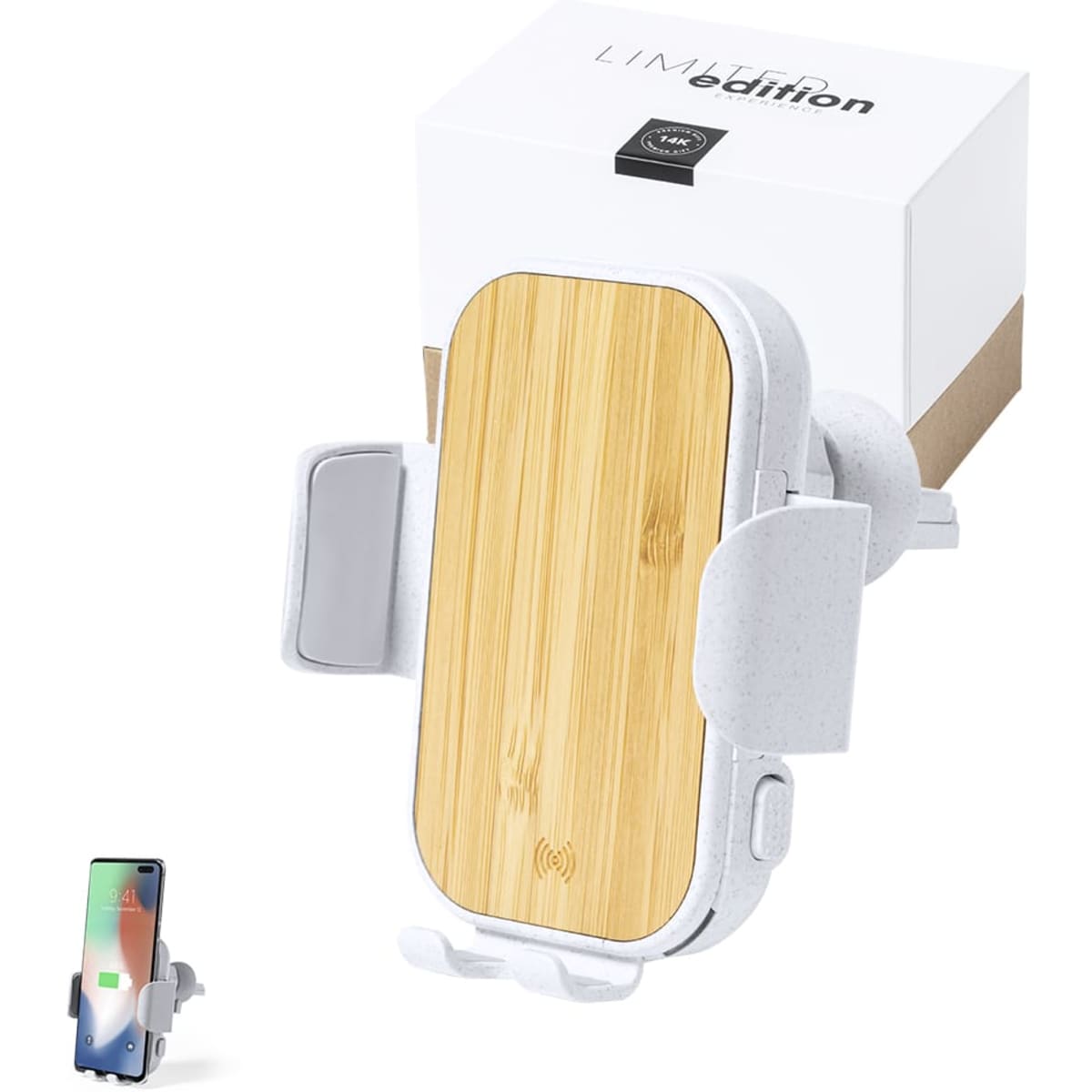 A wireless charger with a bamboo surface and white accents, beside a smartphone and packaging box.