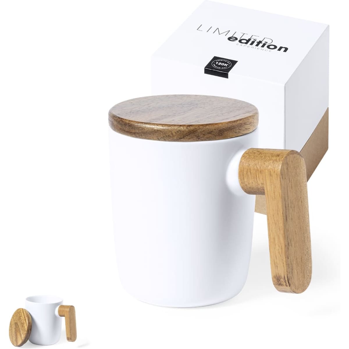 A coffee mug with a wooden handle and lid, featuring a sleek white body, packaged in a box.