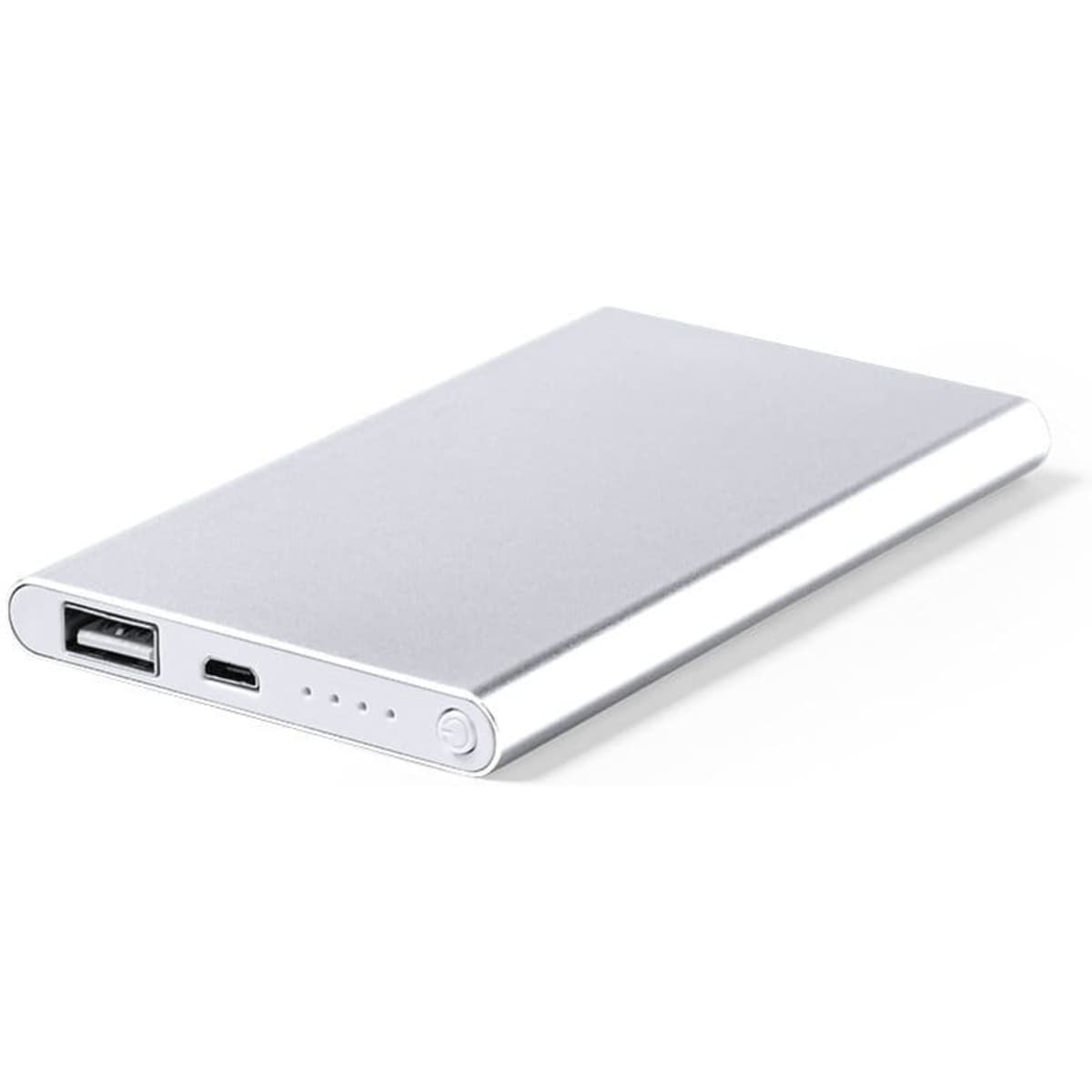 A silver power bank with a USB and a USB-C port, featuring an indicator light and a sleek design.
