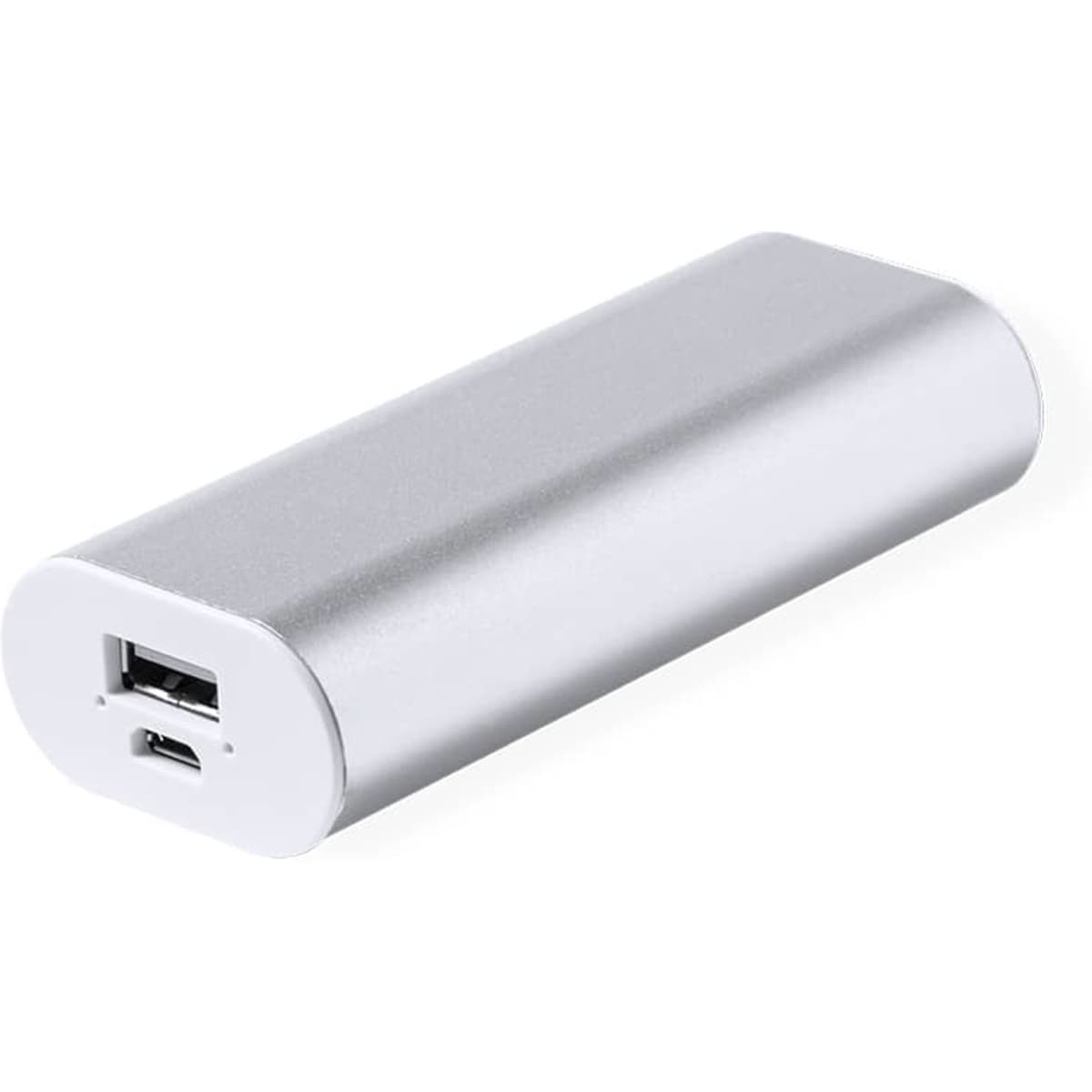 A silver power bank with a USB output and a micro USB input, featuring a simple, sleek design and a logo.