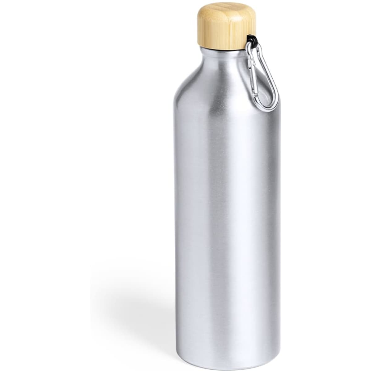 A drink bottle made of silver stainless steel with a bamboo lid and a carabiner attachment.