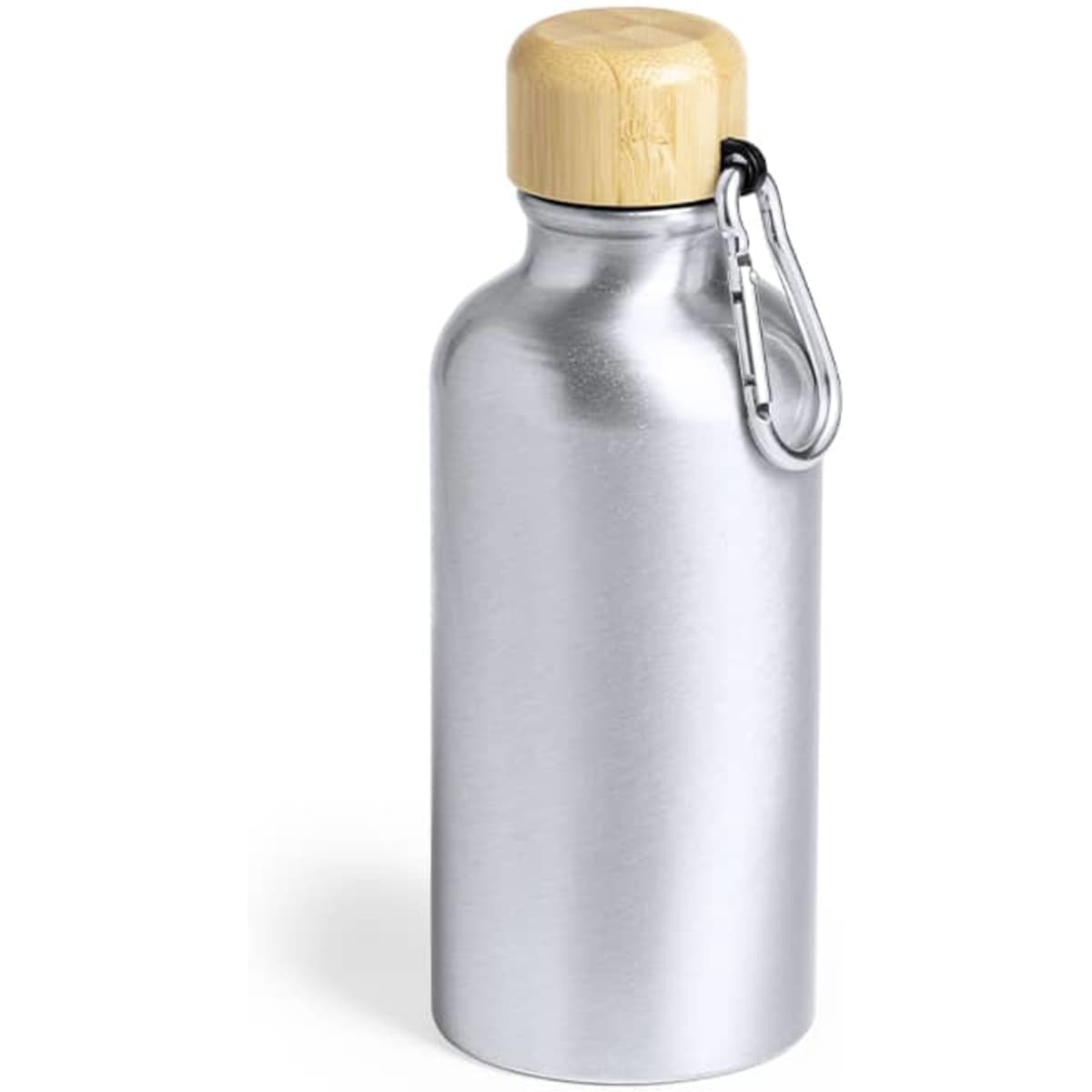 A drink bottle in silver with a bamboo lid and a metal clip. Includes a branding logo.