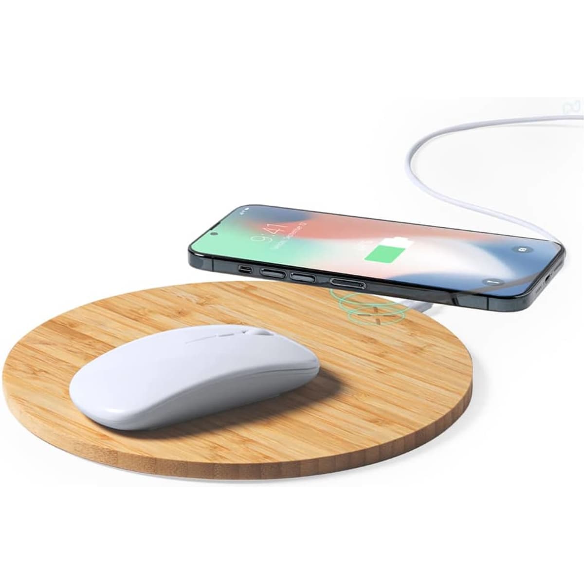 A wireless charger in a circular bamboo design, with a white mouse and a smartphone displaying a charging icon.