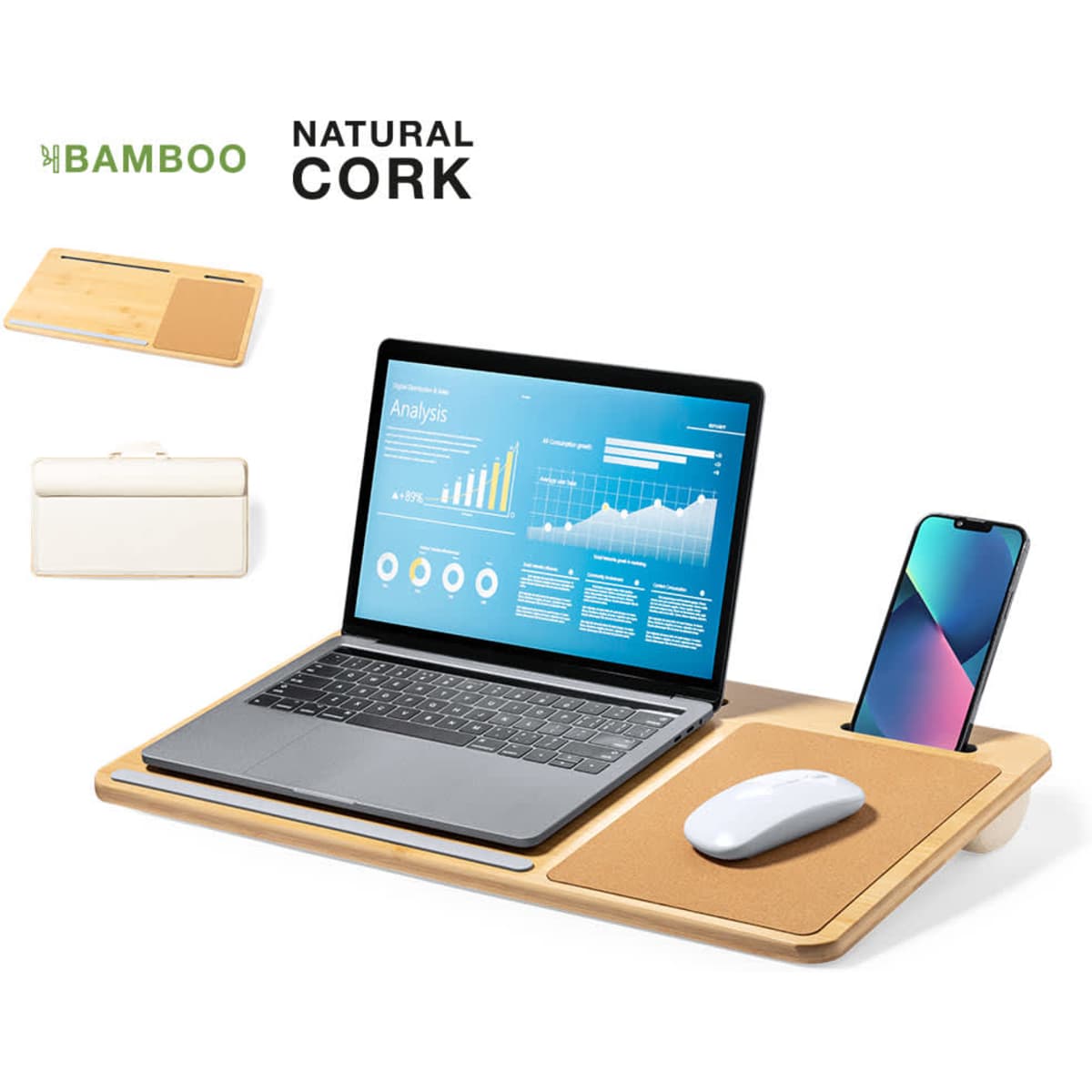 A bamboo and natural cork mousepad with a laptop, phone, and mouse displayed on it. Features a logo.