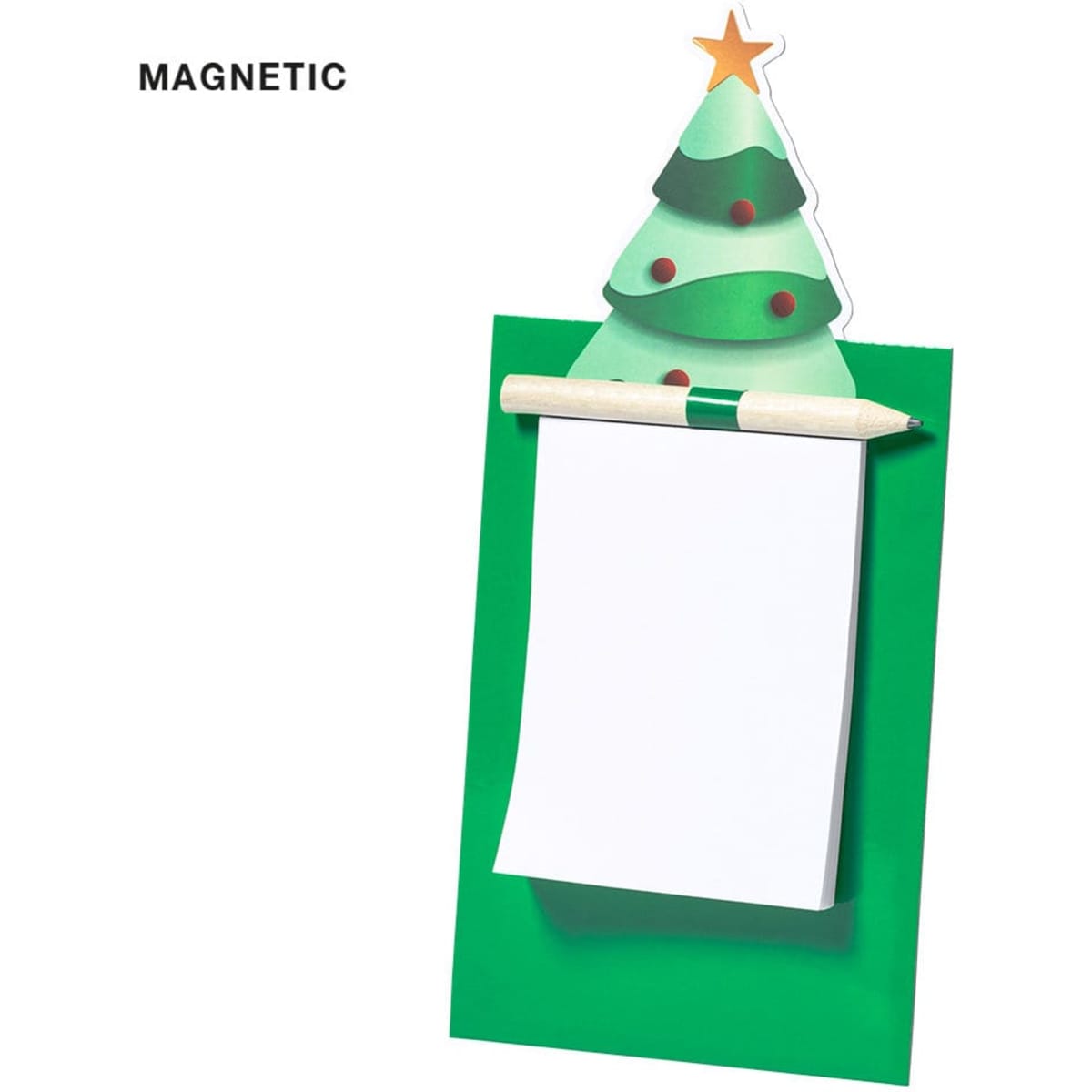 A green magnet in the shape of a Christmas tree, featuring a blank notepad and pencil.