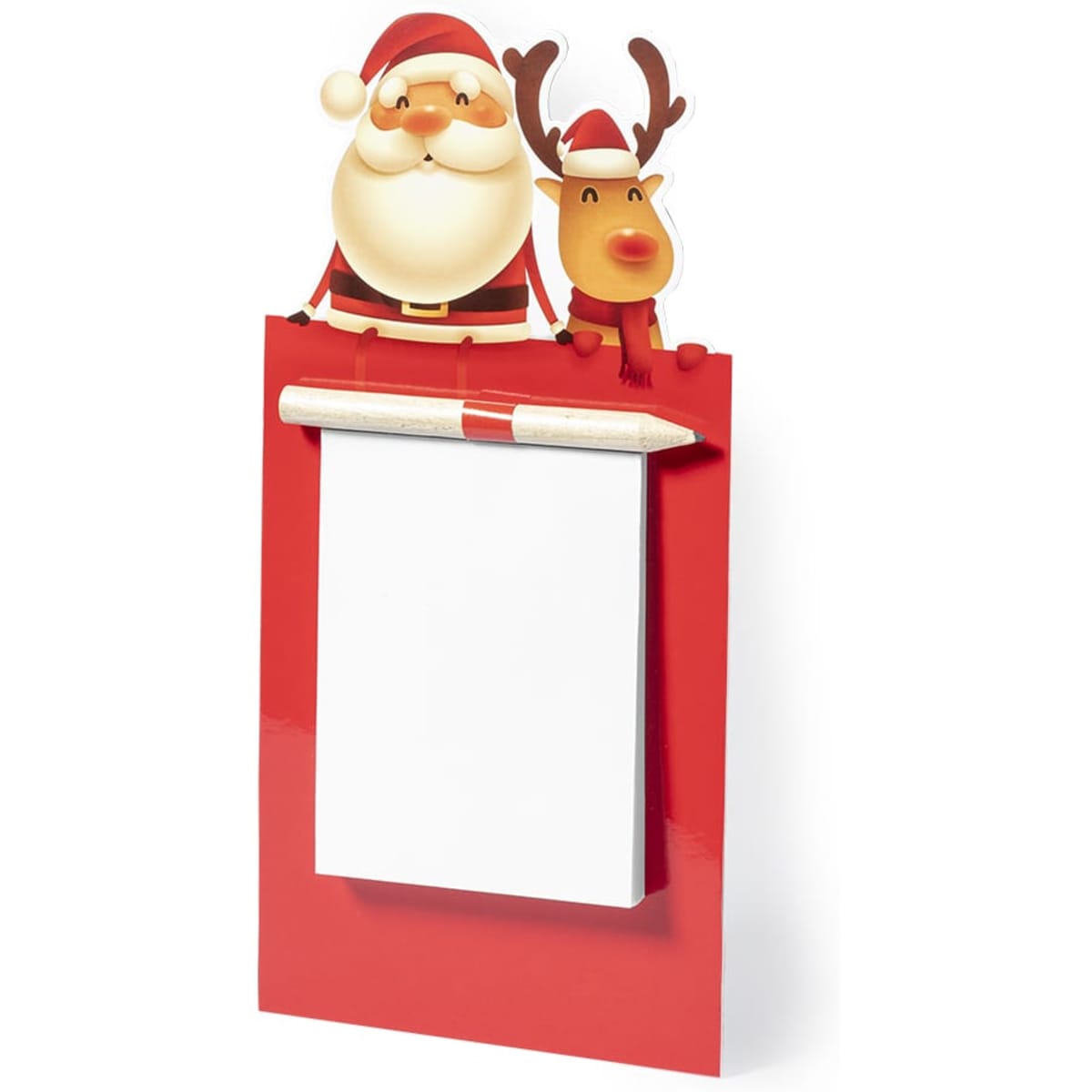 A red magnetic to-do list featuring a Santa and reindeer design, with a blank notepad and a pencil.