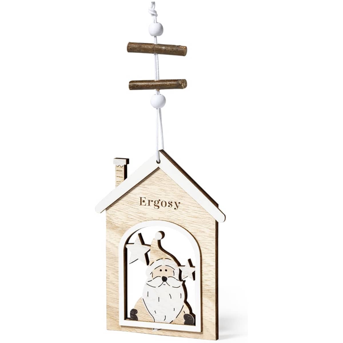 A wooden hanging decoration in the shape of a house, featuring a Santa design, with a natural wood finish and white accents.