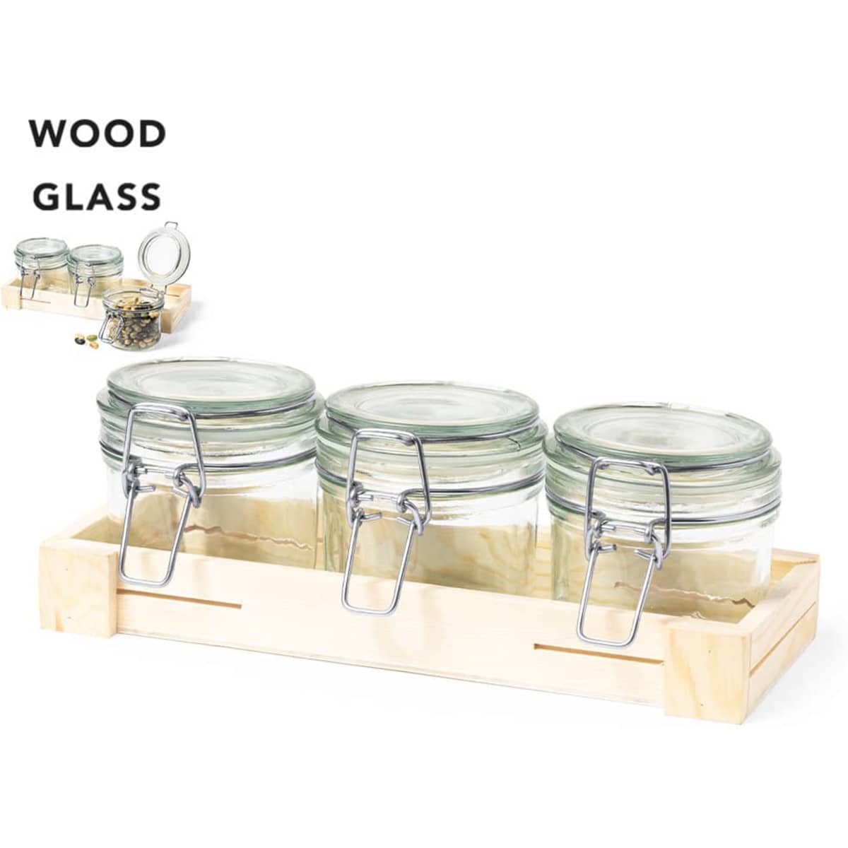 A set of three glass jars with metal clamps, placed in a wooden holder.