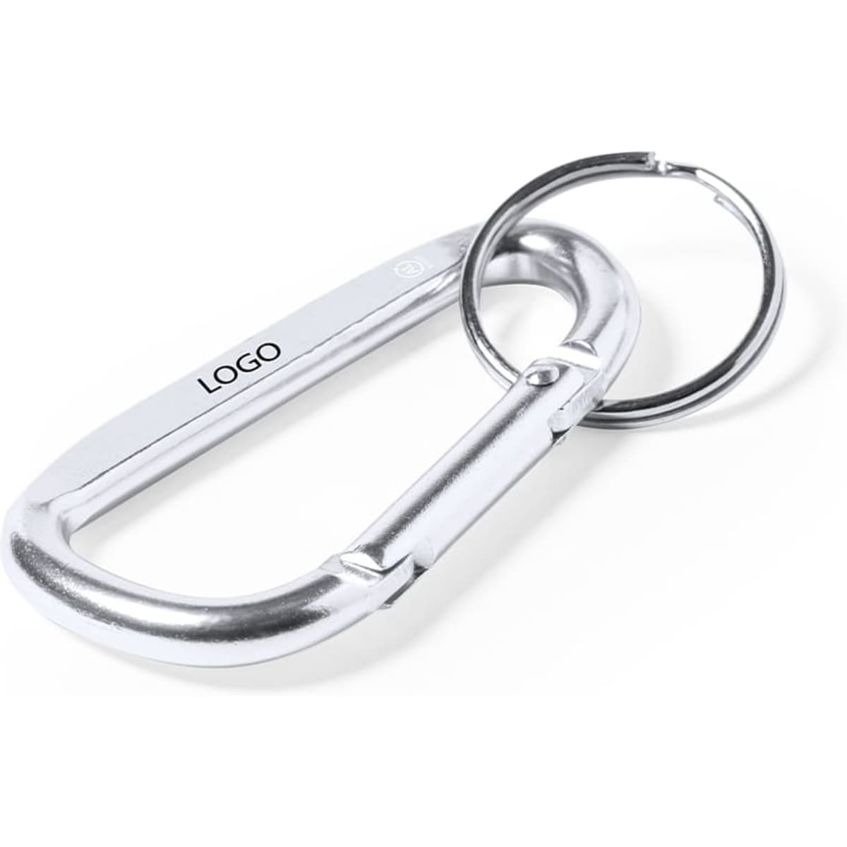 A silver carabiner keyring with a circular attachment ring and a logo on the side.