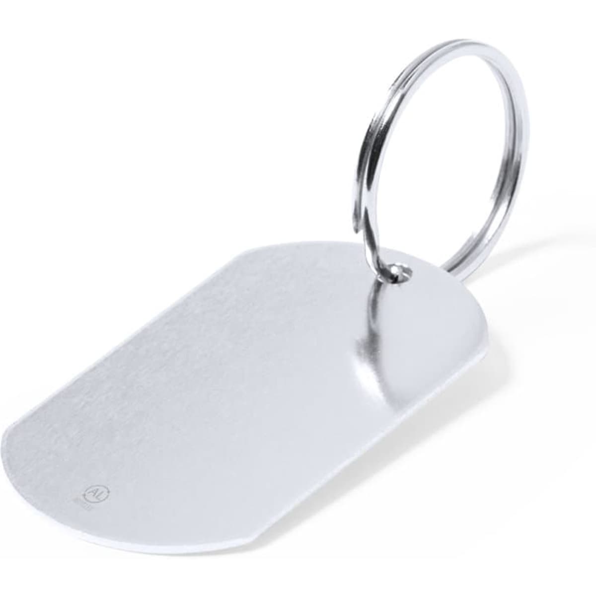 A silver keyring with a rectangular tag and a metal loop for attachment. It features a simple, sleek design.
