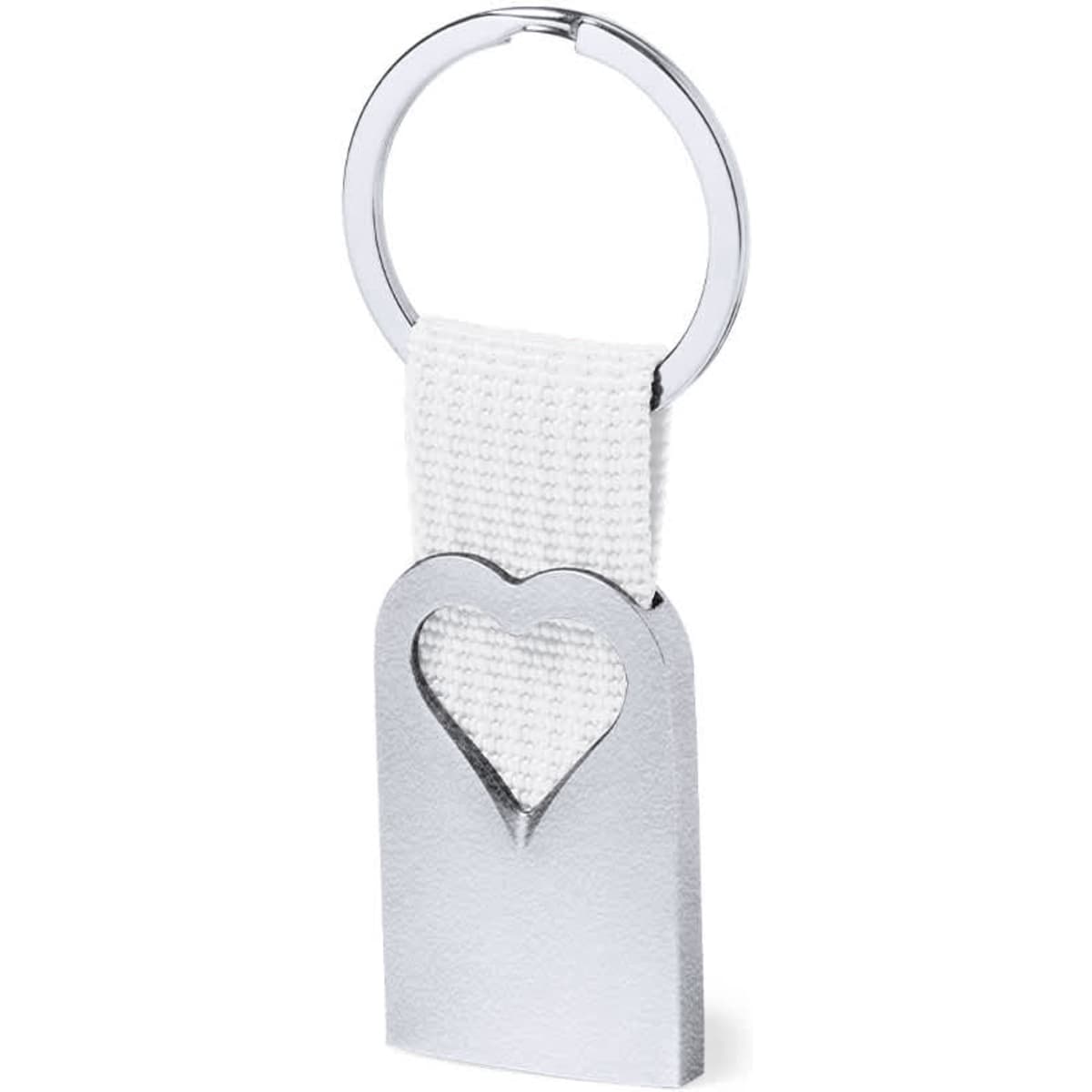 A silver keyring with a heart-shaped cutout and a white fabric strap.