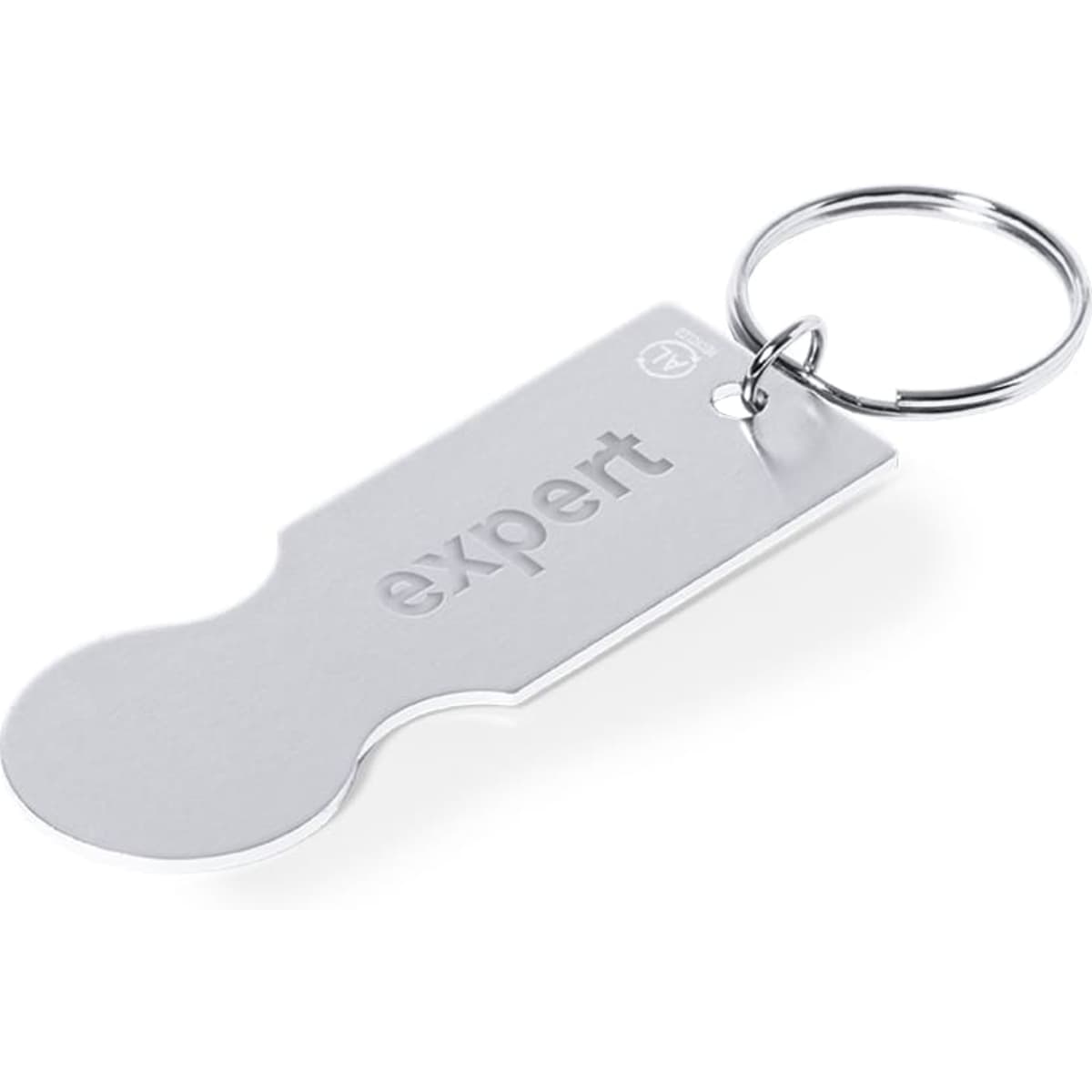 A silver keyring featuring a flat tag shape with a circular hole and a branding logo.