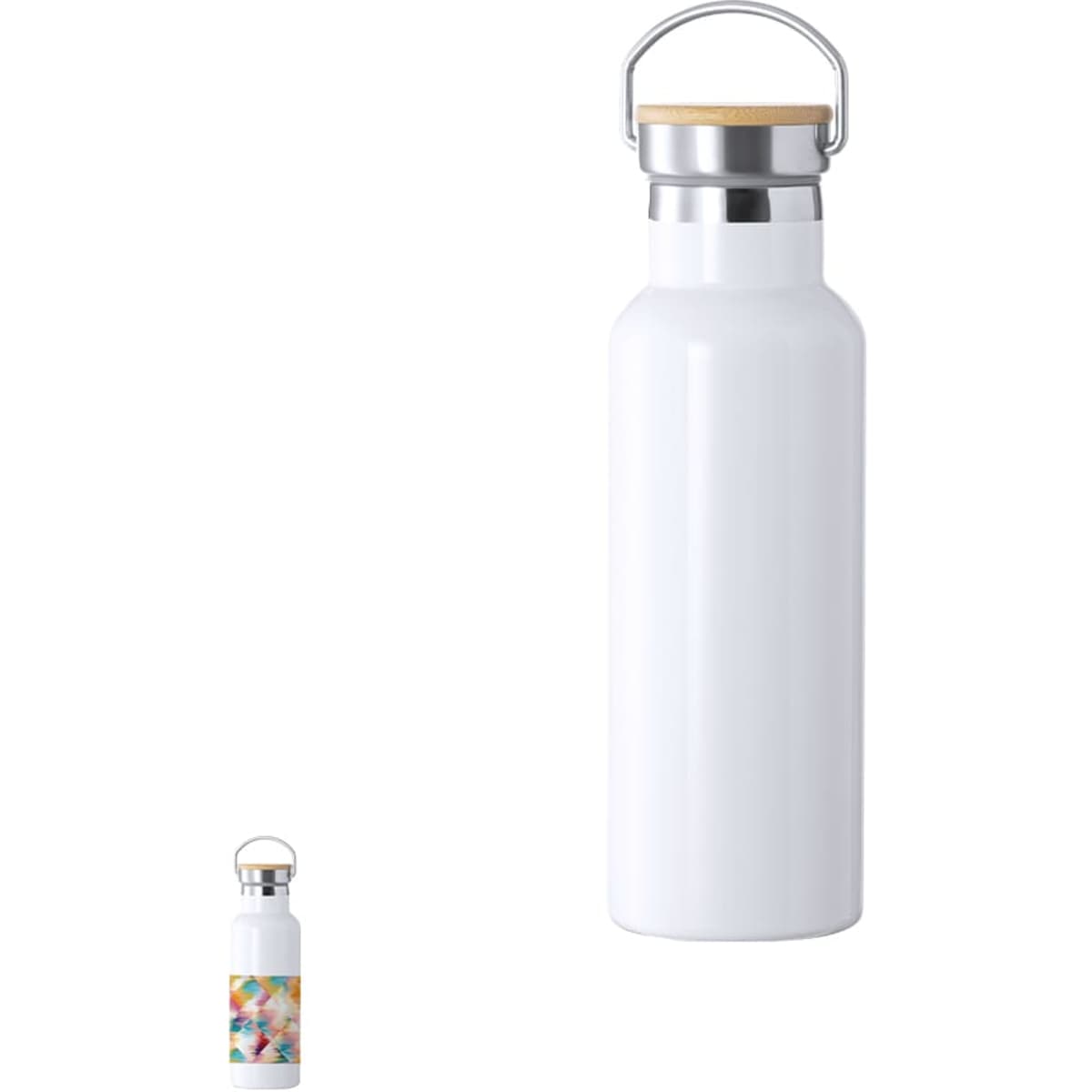 A drink bottle in white with a stainless steel and bamboo lid, featuring a logo.