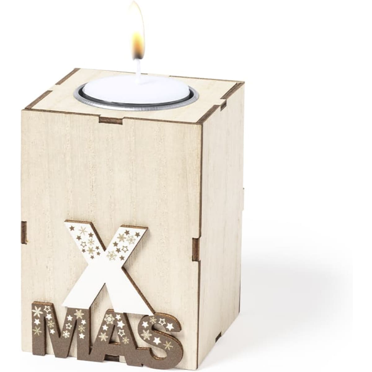 A wooden candle holder with a festive design, featuring a tea light on top and "XMAS" cut-out at the front.