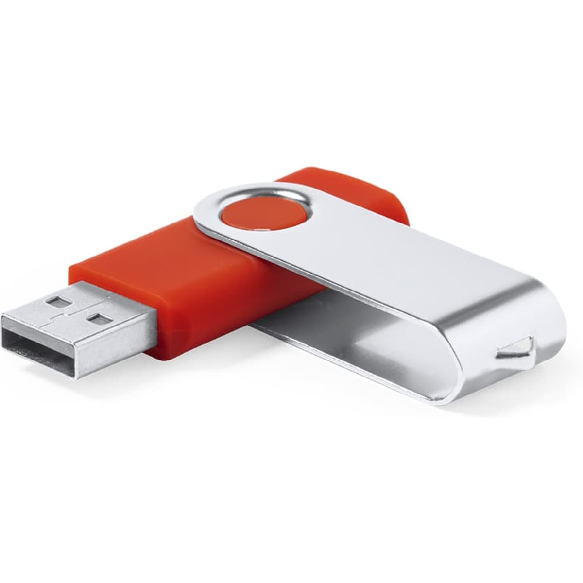 A red and silver USB drive with a swivel cover, showcasing its 8GB storage capacity. It includes a branding logo.