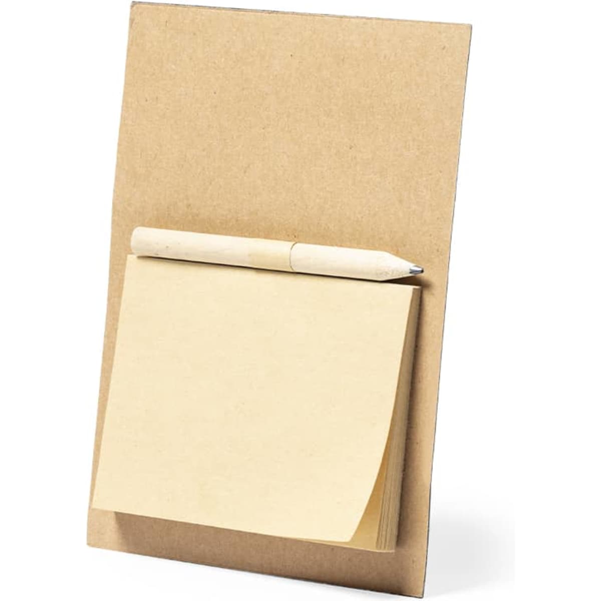 A notepad with a wooden pen attached, featuring a sleek, brown cardboard backing and a stack of yellow sticky notes.