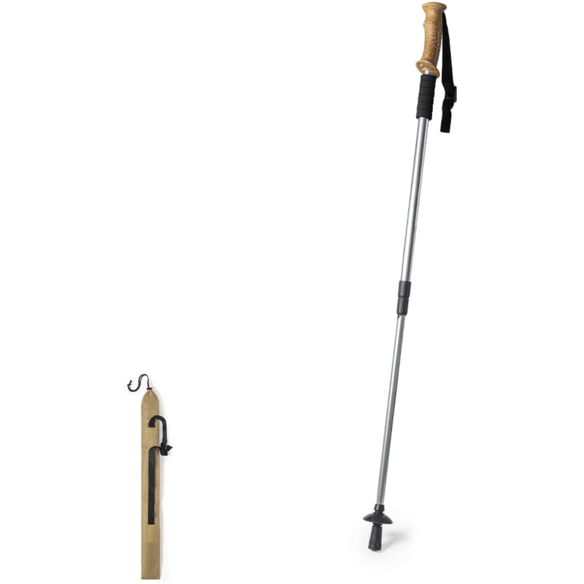 A trekking pole with a wooden handle, adjustable metal shaft, and rubber tip, alongside a hook for storage.
