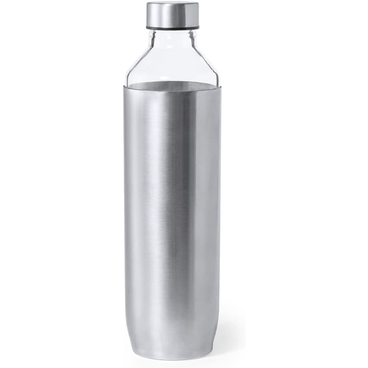 A drink bottle with a transparent body and silver stainless steel sleeve, featuring a screw-on lid and a logo.