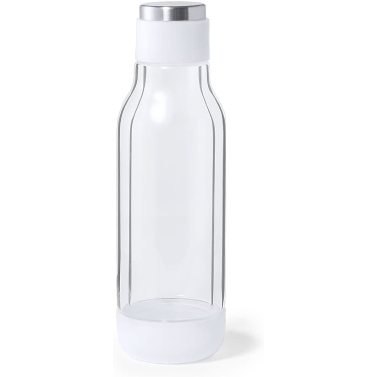 A drink bottle in transparent glass with a white base and a silver cap, featuring a logo.