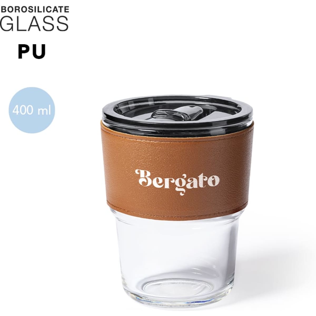 A drink cup featuring a clear borosilicate glass body with a brown leather sleeve and a black lid.