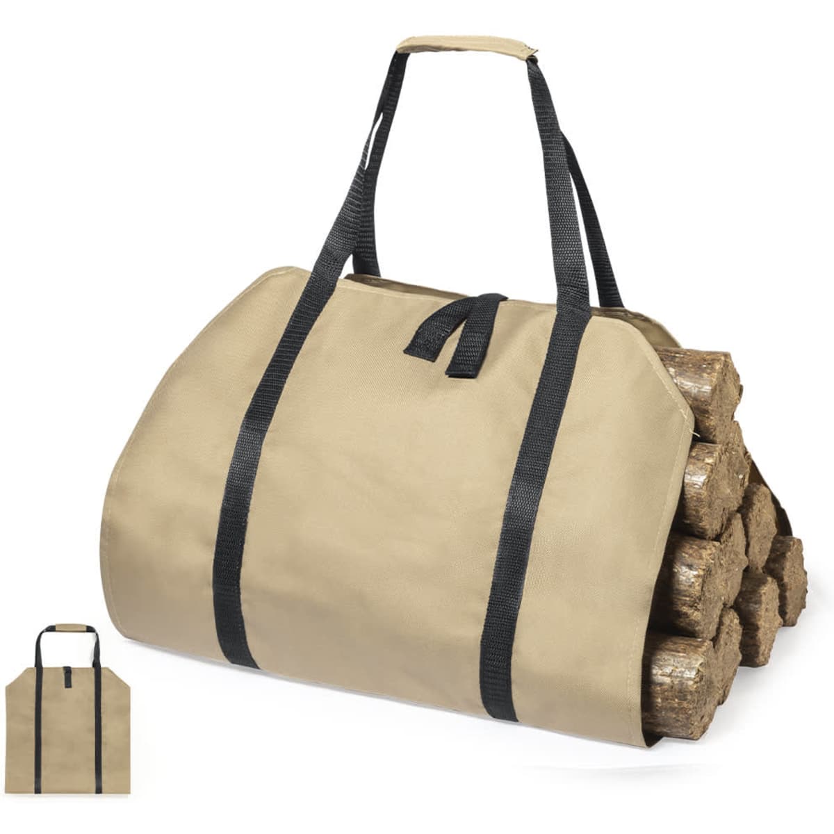 A tan bag with black straps, designed to carry firewood. Includes a logo on the front.