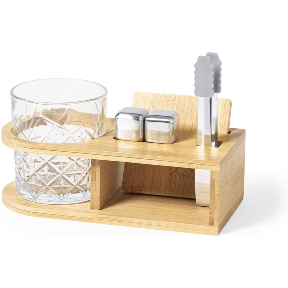 A bamboo condiment holder featuring a glass, stainless steel salt and pepper shakers, and a serving spoon.