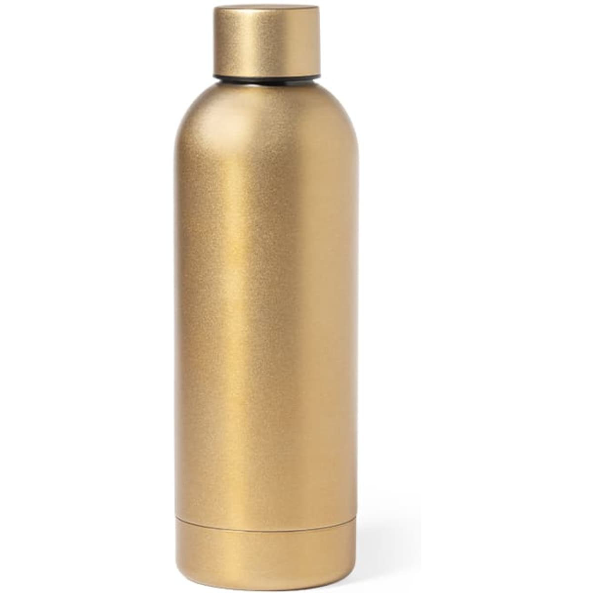 A drink bottle in a sleek metallic gold finish, featuring a secure, screw-top lid and a logo.