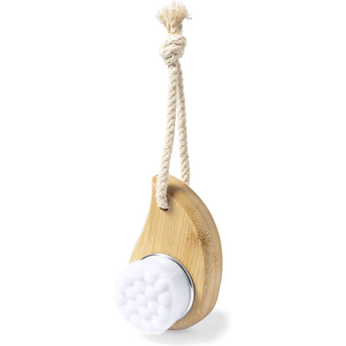 A bamboo scrub brush with a white silicone head, hung by a rope, designed for personal care.