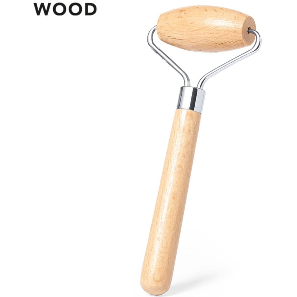 A wooden face massager with a silver metal roller, featuring a natural wood handle.