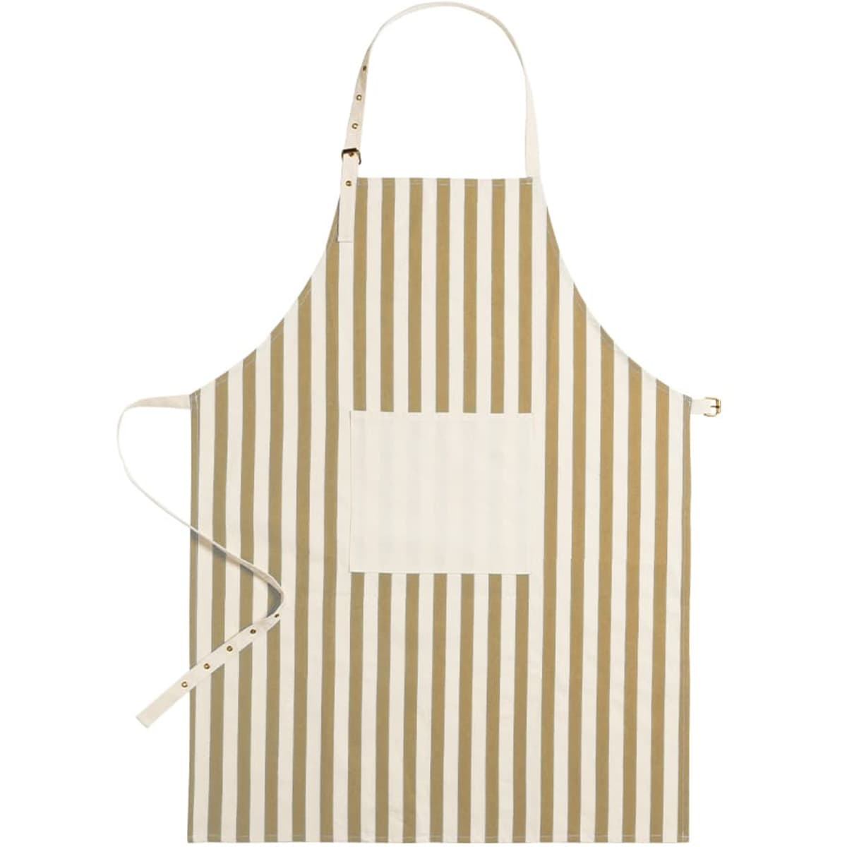 A striped apron in warm browns and cream with a front pocket and adjustable straps. It features a logo.
