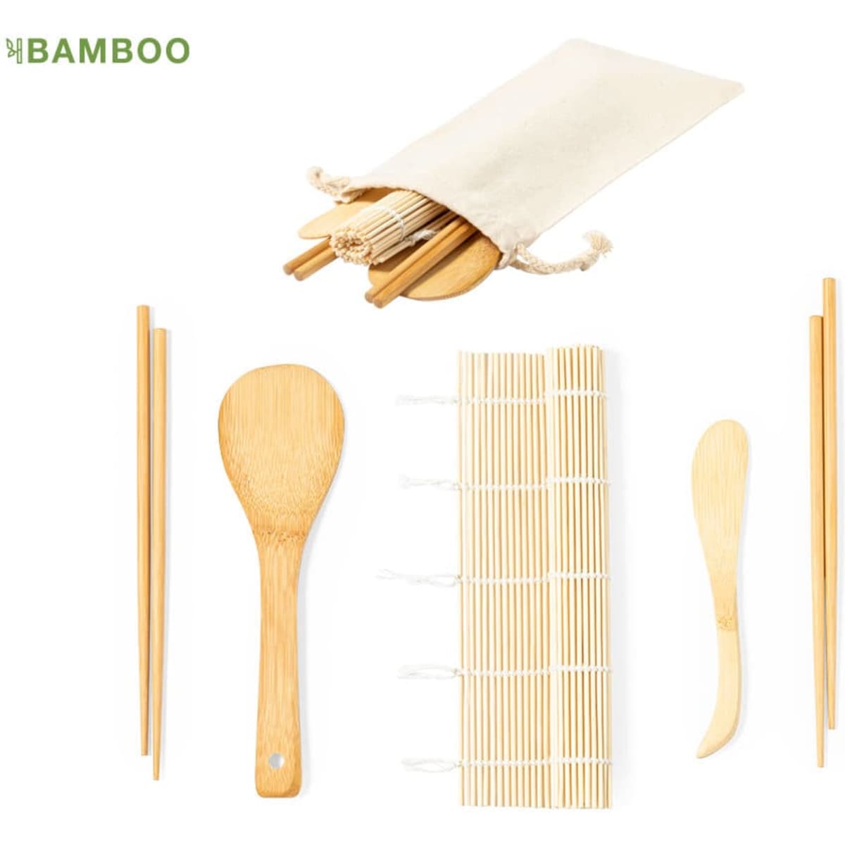 A bamboo sushi set featuring chopsticks, a bamboo mat, and wooden utensils within a cotton pouch.