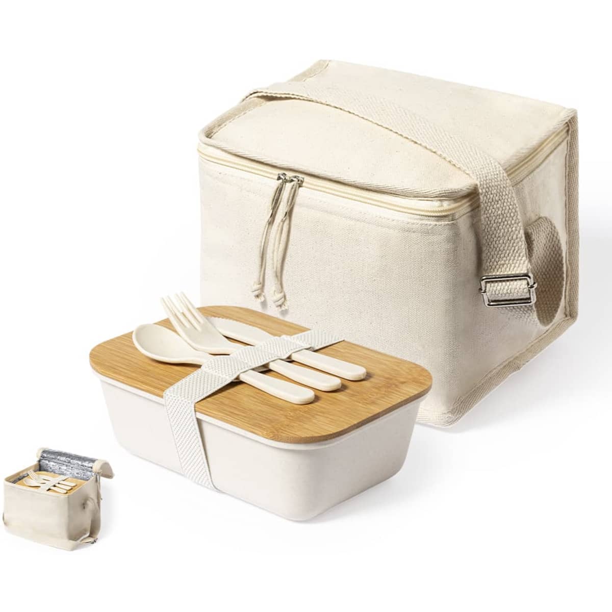 A cream cooler bag with a zip closure, featuring a bamboo-lid container and utensils secured with a strap.
