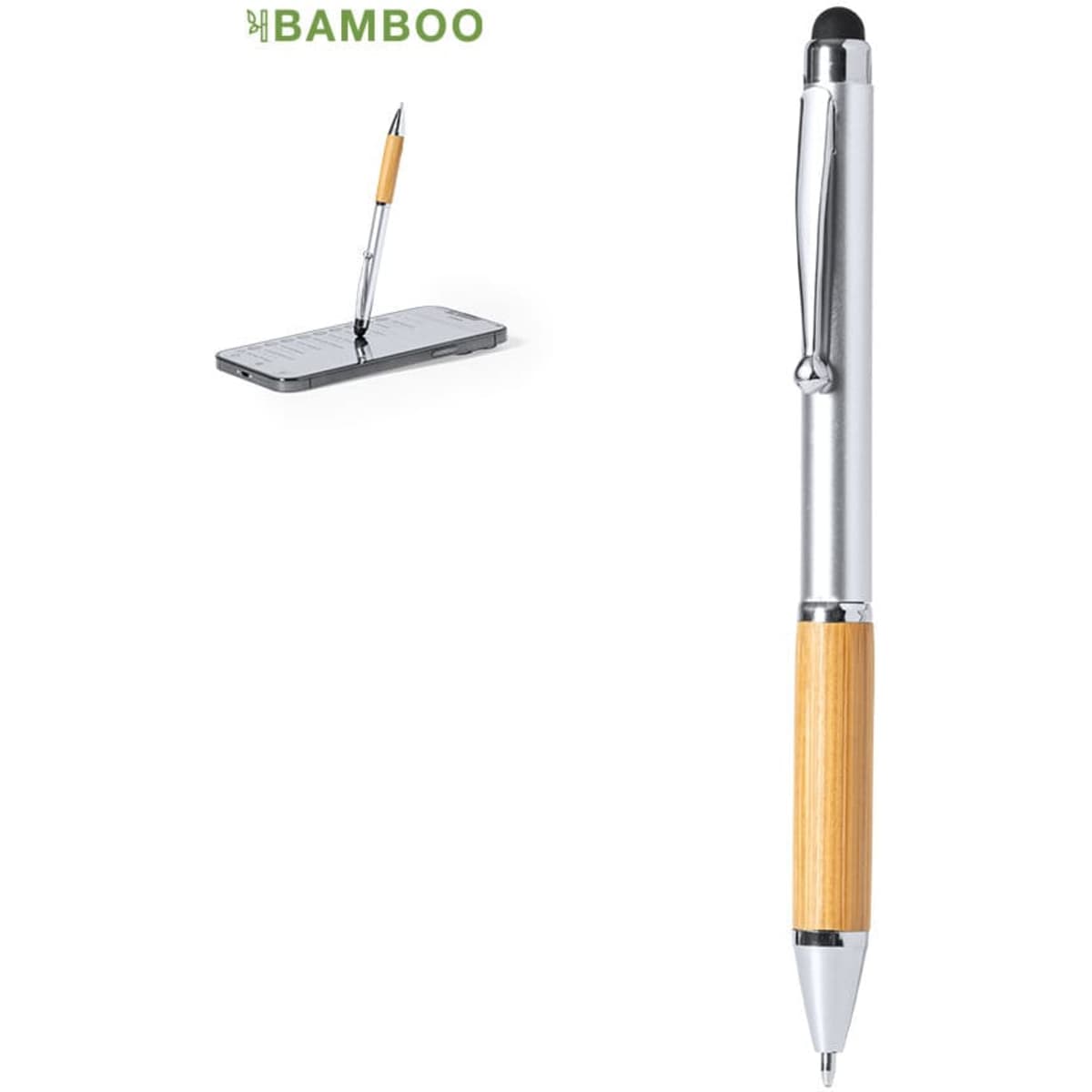 A silver and bamboo stylus touch ball pen, featuring a shiny clip and a black soft tip for touchscreens.