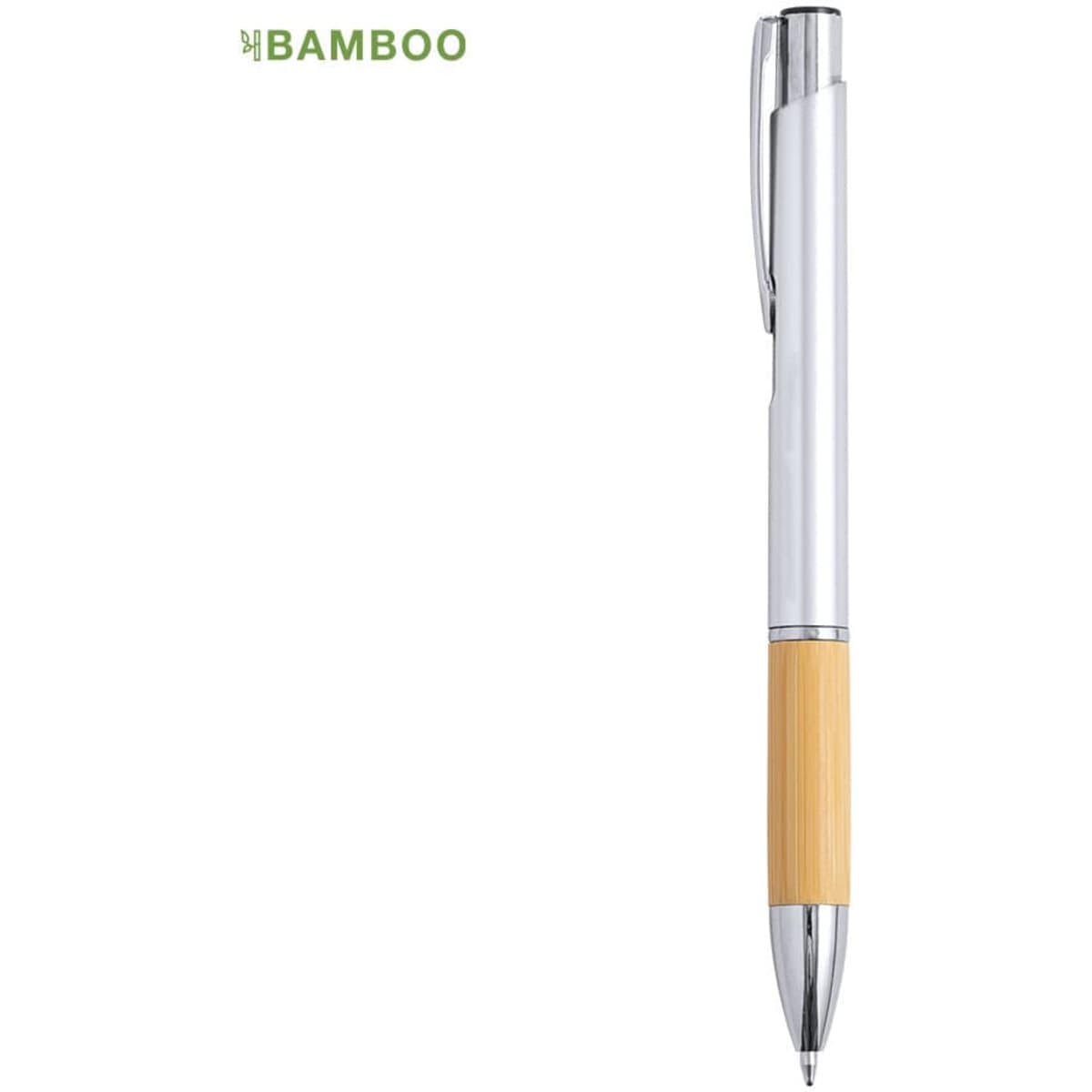A silver and bamboo pen with a sleek design, featuring a branding logo on the upper left.