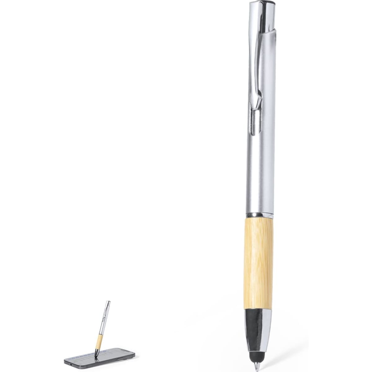 A ballpoint pen with a bamboo barrel and silver accents, featuring a stylus tip and a branding logo.