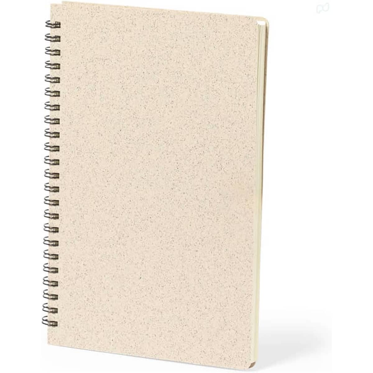 A beige spiral-bound notebook with a textured cover and visible metal binding. It features a plain design and has a logo.