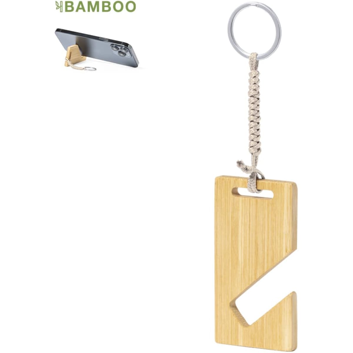 A bamboo keyring with a unique design and a silver keyring attachment. Features a textured cord for usability.